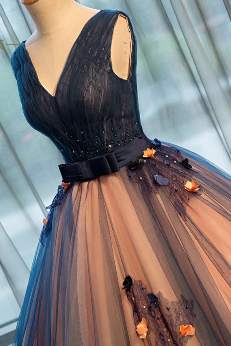 V Neck  Dark Blue Tulle Long Prom Ball Gown Dress NF4375