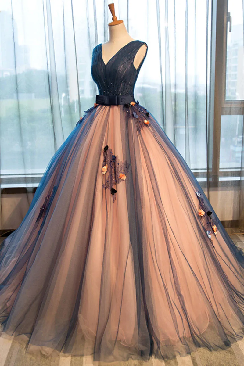 V Neck  Dark Blue Tulle Long Prom Ball Gown Dress NF4375
