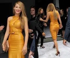 Yellow Blake Lively Criss Cross Halter Dress Short Prom Celebrity Formal Evening Dress Spring Show