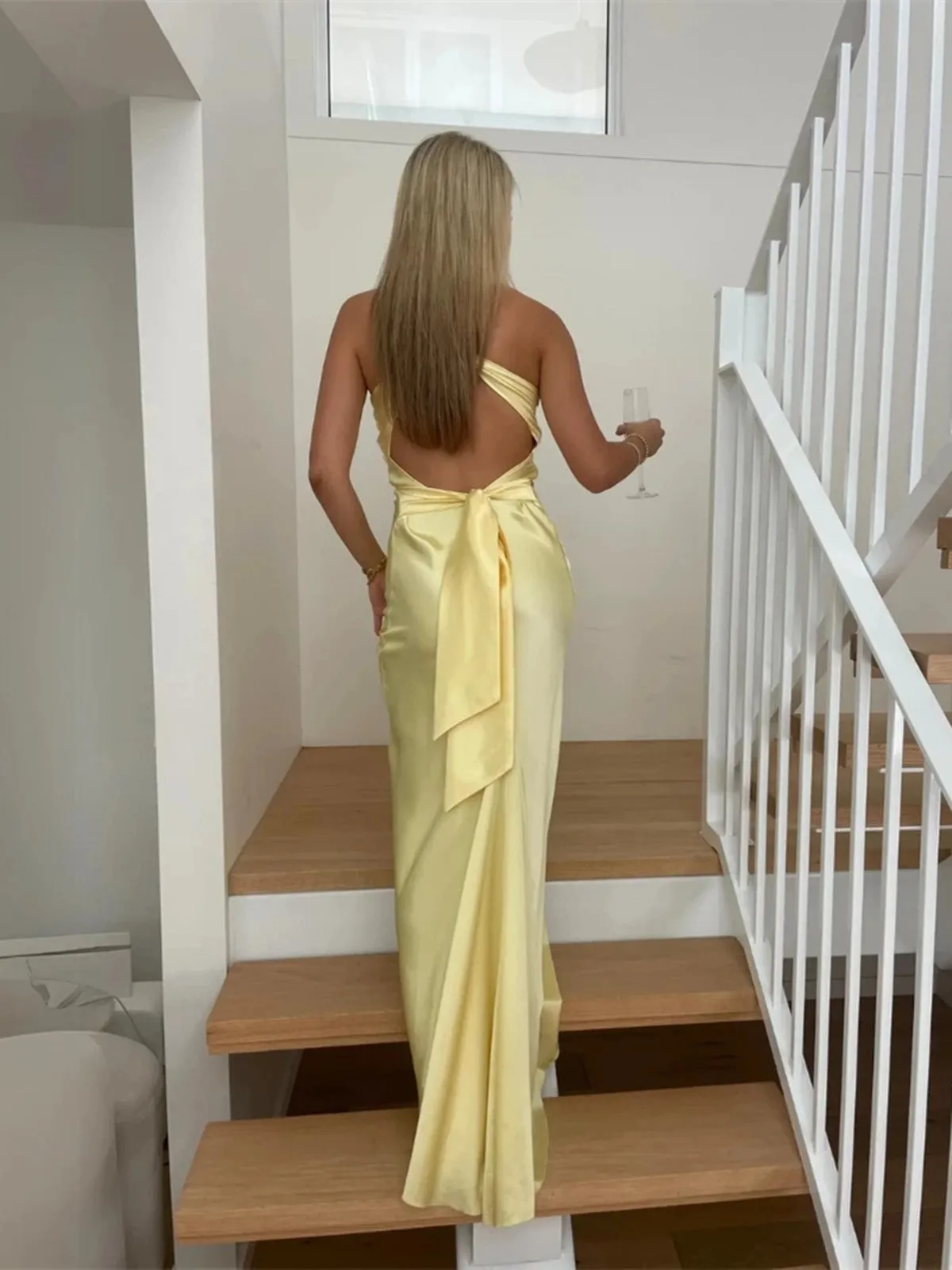 Yellow Soft Satin V-neckline Cross Back Party Dress, Yellow Floor Length Prom Dress