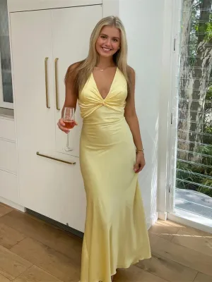 Yellow Soft Satin V-neckline Cross Back Party Dress, Yellow Floor Length Prom Dress